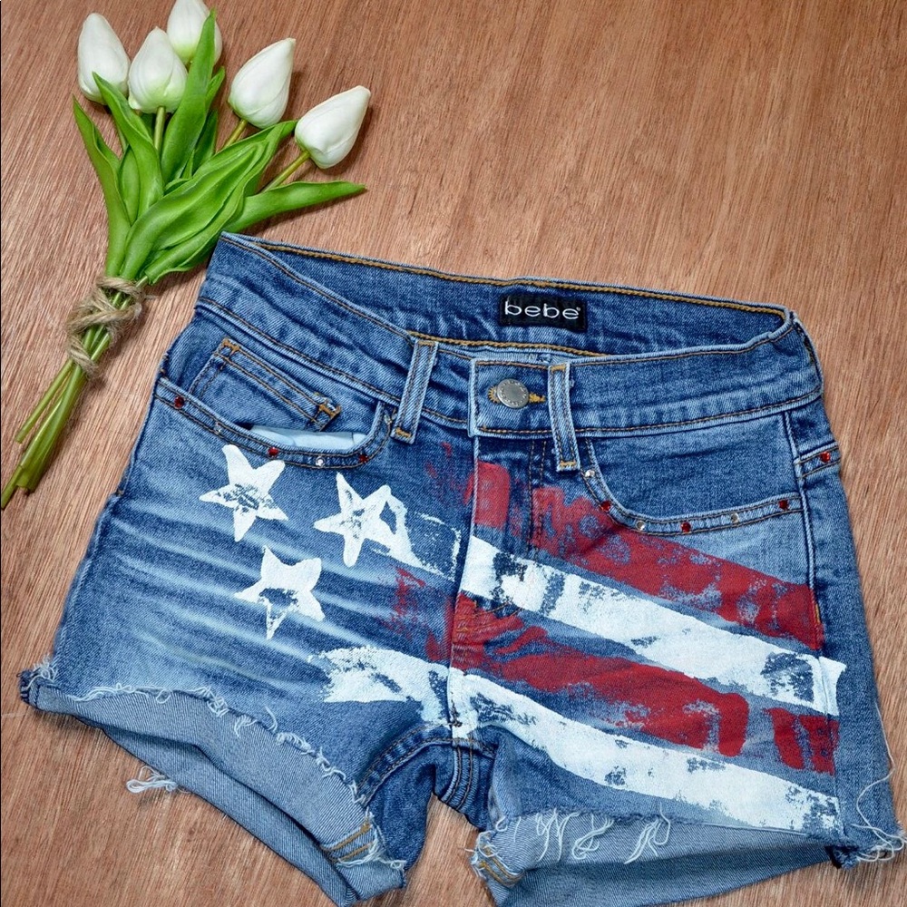 Bebe Red White & Blue Painted Denim Jean Shorts